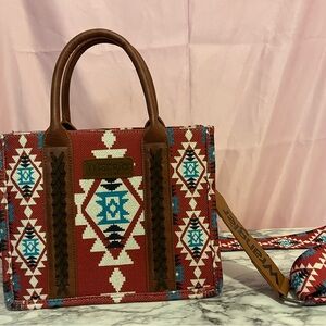 Wrangler Red Aztec Tote with Brown Trim